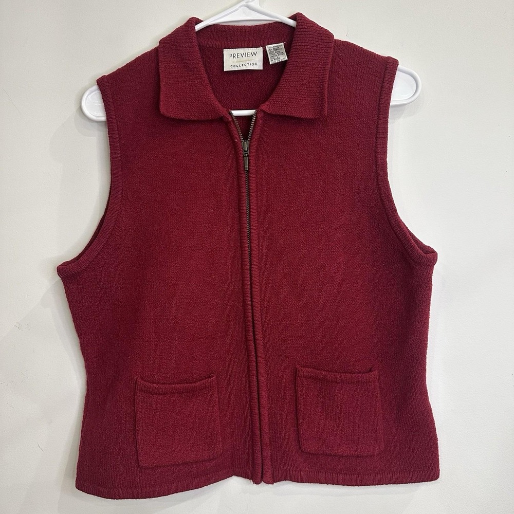 Women's Preview Collection Lambswool Red Sweater‎ Vest Zip Pockets Large Nordic